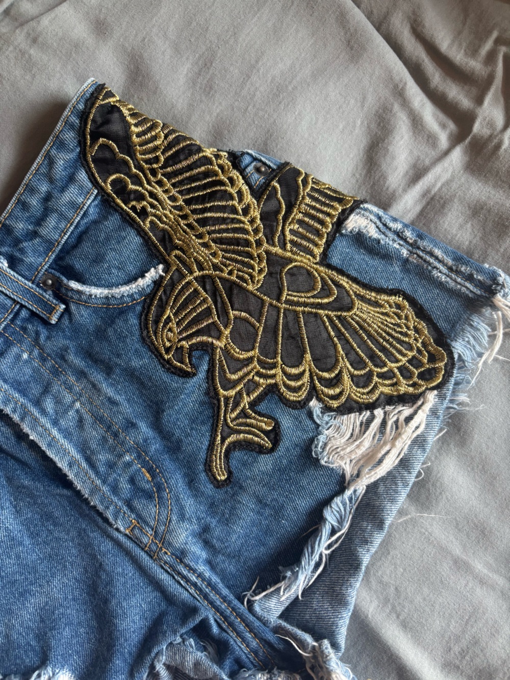 Carmar Blue Denim High-Rise Shorts with Black & Gold Eagle Patch
